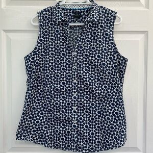Talbots Navy Blue & White Geometric Sleeveless Button Women's Blouse Shirt Top